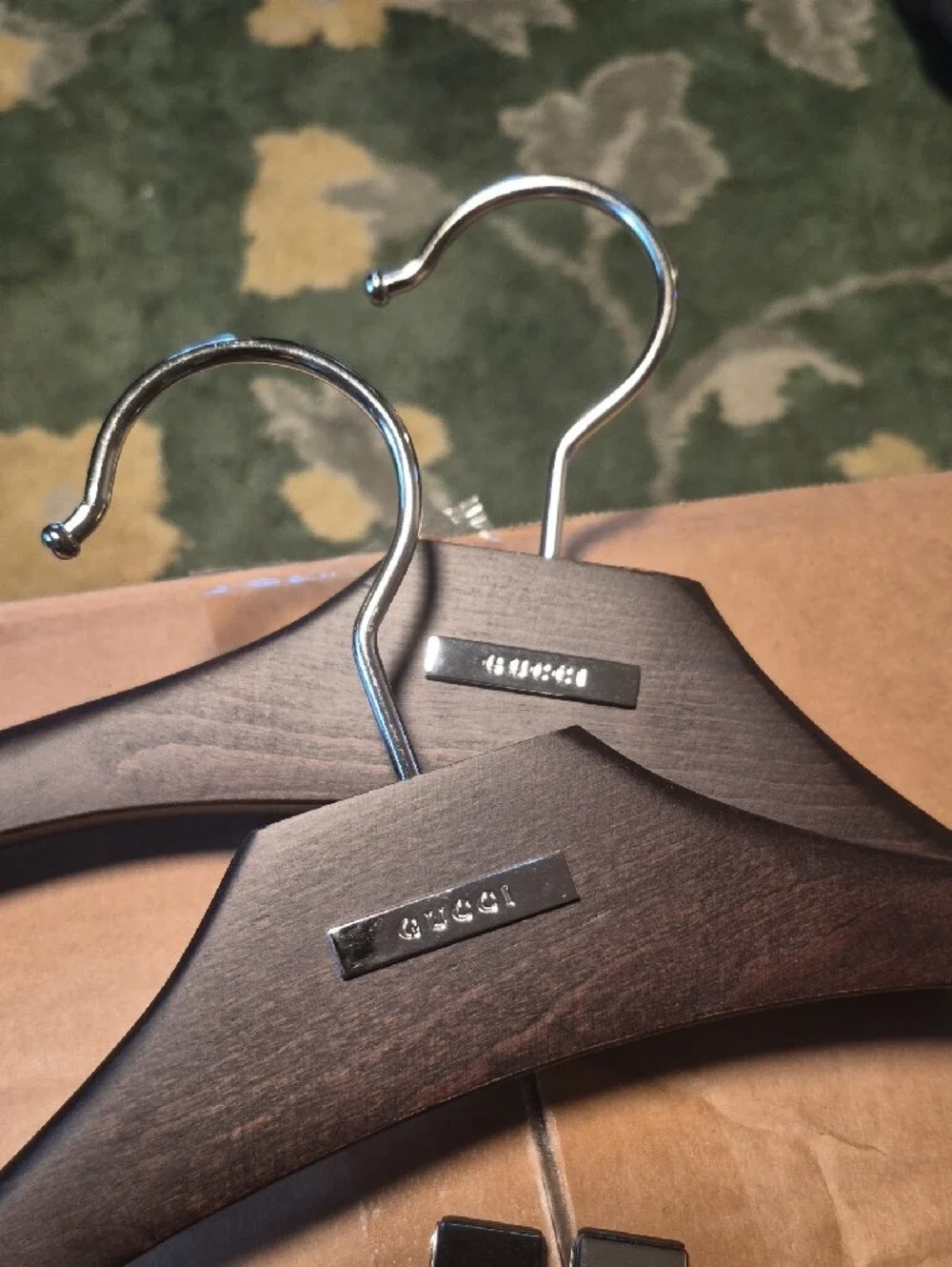 Gucci Dark Brown Wooden Suit Hangers with Silver Metal Clips (Set)
